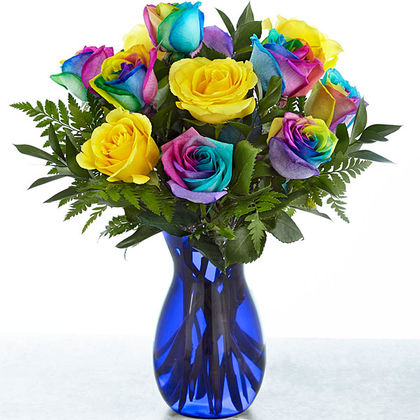 Premium-6 Rainbow Roses, 6 Yellow Roses, Blue Vase