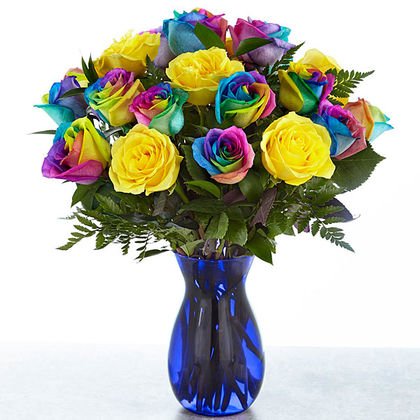 Ultra Premium-12 Rainbow Roses, 12 Yellow Roses, Blue Vase