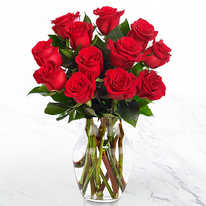 Deluxe-12 Red Roses, Clear Vase